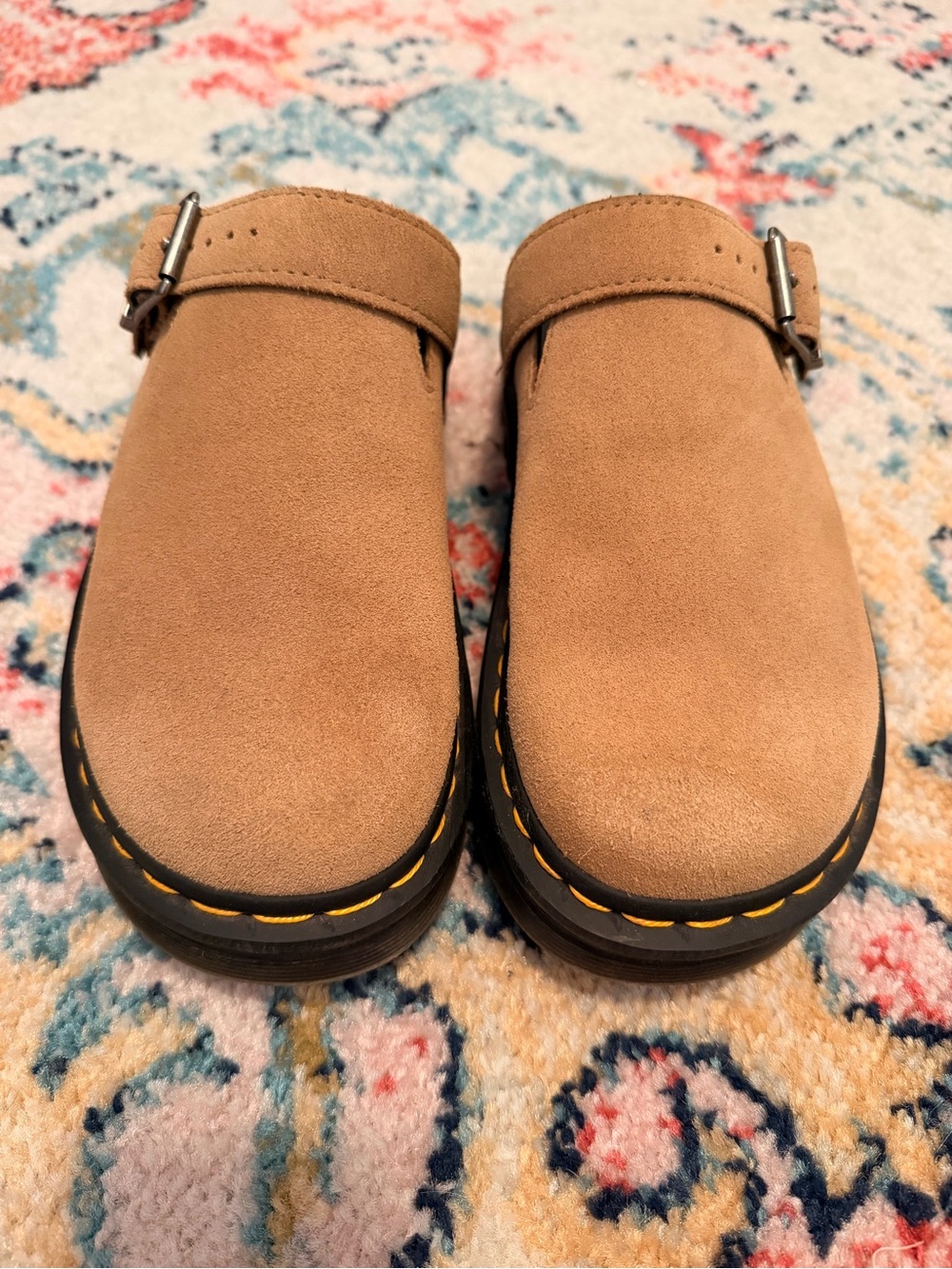 Dr. Martens Tan Suede Clogs with Yellow Stitching